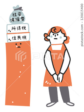 A woman standing in front of annual income, taxes, and social security costs Stock illustration A woman standing in front of annual income, taxes, and social security costs Stock illustration 120815400