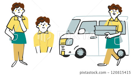 一組用輕型貨車送餐盒的女性外送員的庫存插畫素材 120815415