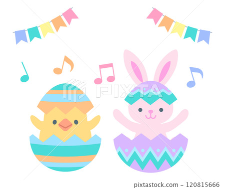 兔子和小雞從復活節彩蛋中跳出來的插圖 120815666