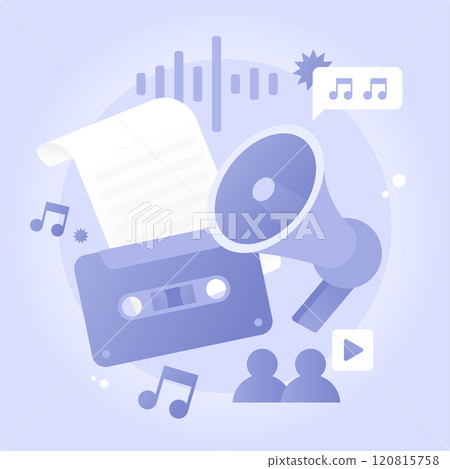 Music related illustration of loudspeaker and cassette tape Music related illustration of loudspeaker and cassette tape 120815758