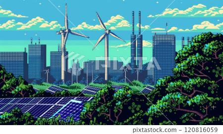 Urban Eco-Friendly Energy Illustration with Wind Turbines and Solar Panels Urban Eco-Friendly Energy Illustration with Wind Turbines and Solar Panels 120816059
