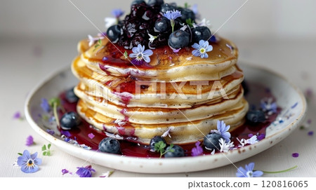 Delectable Blueberry Pancake Stack With Syrup and Flowers 120816065