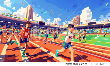 Colorful Animated Track and Field Competition at a Bustling Stadium 120816066