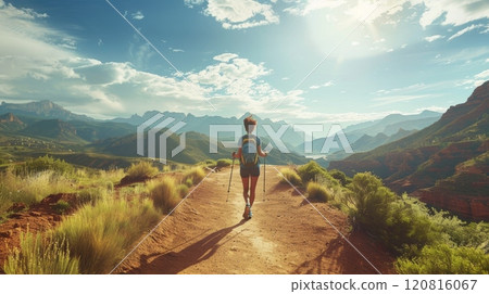 Solo Female Hiker Trekking On Scenic Mountain Trail at Sunrise 120816067