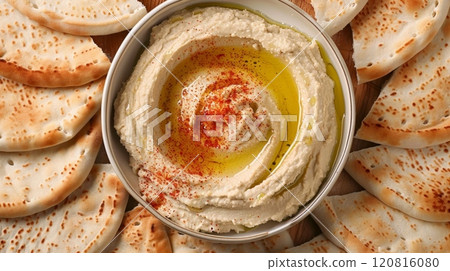 Traditional Homemade Hummus with Olive Oil and Pita Bread 120816080