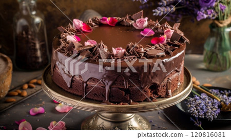 Decadent Chocolate Cake Adorned with Rose Petals and Shavings Decadent Chocolate Cake Adorned with Rose Petals and Shavings 120816081