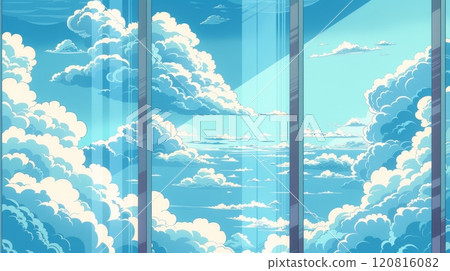 Serene Blue Sky and Fluffy Clouds View through Modern Windows 120816082
