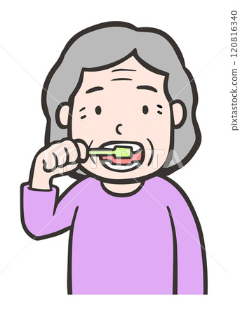 Elderly woman brushing her teeth 120816340