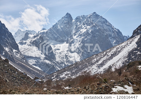 Snow mountain landscape, blue sky rocky cliff Wild nature Hight mountains 120816447