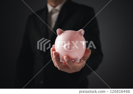 Business finance and save money concept.businessman show and  hold pikkybank in hand. 120816498