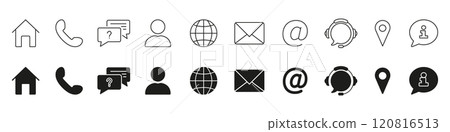 Communication, Contact, and Support Services Line and Silhouette Icon Set. Email, Phone, and Location Symbol Collection. Isolated Vector Illustration 120816513