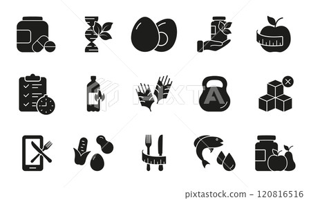 Nutrition and Wellness Silhouette Icon Set for Fitness and Diet Planning. Organic Food and Supplement Symbols for Health and Weight Management. Isolated Vector Illustration Nutrition and Wellness Silhouette Icon Set for Fitness and Diet Planning. Organic Food and Supplement Symbols for Health and Weight Management. Isolated Vector Illustration 120816516