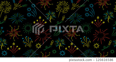 Colorful fireworks with stars and sparks on black background. Vector seamless pattern. 120816586