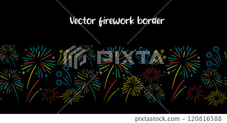 Fireworks with stars and sparks on black background. Festival colorful fireworks seamless border. Holiday banner, poster, flyer, greeting card. 120816588