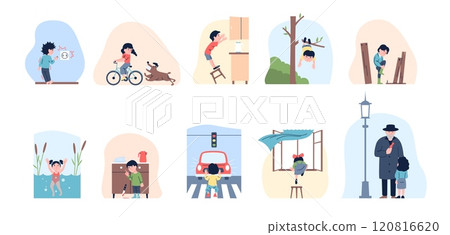 Children in dangerous situations. Risk in play and walking, meeting with stranger and fall down from tree. Playing with knife, girl drowning, recent vector set Children in dangerous situations. Risk in play and walking, meeting with stranger and fall down from tree. Playing with knife, girl drowning, recent vector set 120816620