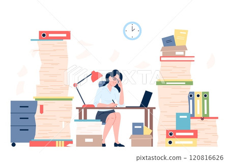 Office character with paperwork. Overload young office female working with stacks of paper. Bureaucracy, self business or accounting, recent vector scene 120816626