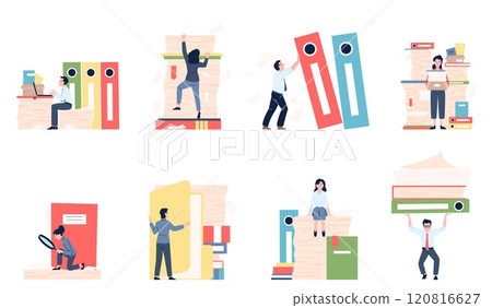 Paperwork scenes. Overload office characters, employers working with paper documents and files. Papers stacks, folders, busy managers recent vector set 120816627