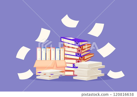 Office documents pile. Flying white sheets, folders stack and box with work documents. Paperwork or bureaucracy, file organize nowaday vector scene Office documents pile. Flying white sheets, folders stack and box with work documents. Paperwork or bureaucracy, file organize nowaday vector scene 120816638