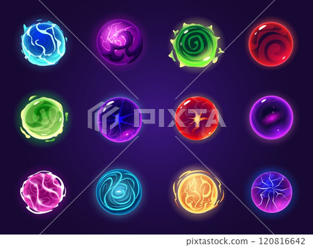 Cartoon magic spheres. Toxic gas hot magma iced globes. Vibrant planets, purple green red blue fantasy game ui elements, nowaday vector set 120816642