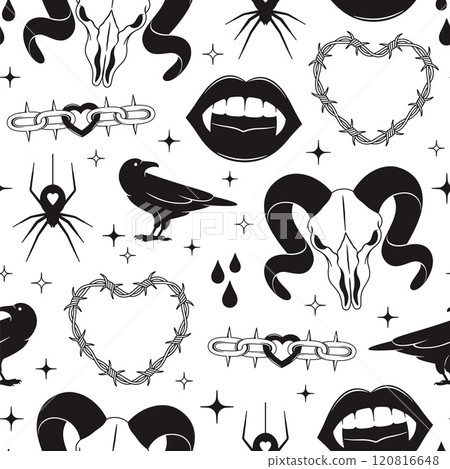 Tattoo seamless pattern. Black animal skull with horns, hearts vampire lips chain and spider. Fabric print rock style design, racy vector background 120816648