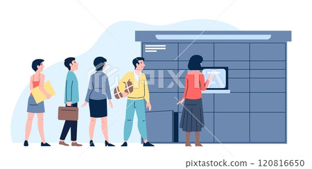 Postal locker. Waiting line to postomat. People receive and send parcels, stand in queue with boxes. Post self service terminal, recent vector scene 120816650