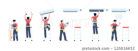 Conditioning system service. Man in uniform brought and installed air conditioner. Repair worker, professional technician of cooling systems, recent vector scene 120816652