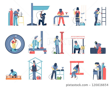 Welder employee. Welders working with metal and iron, renovation pipelines and building process. Men in uniform welding process, recent vector scenes 120816654