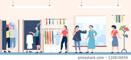 People in boutique. Female characters in clothes store, choose accessories try dresses and hat in fitting room. Woman and apparel recent vector scene People in boutique. Female characters in clothes store, choose accessories try dresses and hat in fitting room. Woman and apparel recent vector scene 120816656
