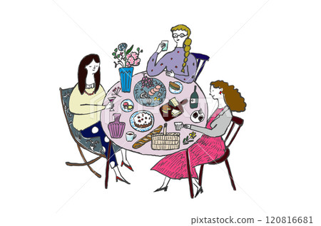婦女圍著桌子吃飯的手繪插圖 婦女圍著桌子吃飯的手繪插圖 120816681