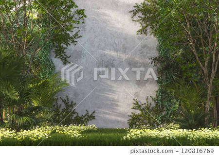 Empty dirty concrete wall surrounded by tropical nature with copy space 3d render 120816769
