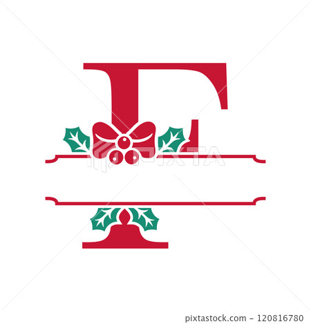 Vector festive, decorative split letter F monogram with Christmas elements, perfect for personalized holiday designs. 120816780