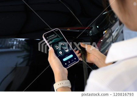 Woman using smartphone app to monitor and manage the charging of an electric vehicle 120816793