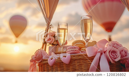Romantic Picnic with Hot Air Balloons - A Luxurious Moment of Champagne and Macaroons 120816802