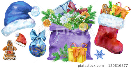 Christmas Santa hat, bag, ball and sock for gift, watercolor illustration Christmas Santa hat, bag, ball and sock for gift, watercolor illustration 120816877