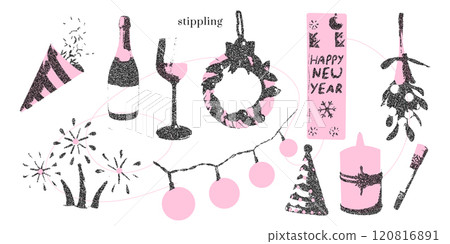 Festive vintage New Year set with wreath, mistletoe, party hat, fireworks with a halftone effect, stipple texture. Vector grunge elements for gifts card, collages. 120816891