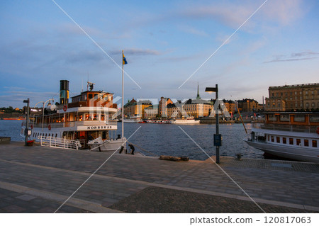 Stockholm lake and harbor at dusk, Sweden 120817063