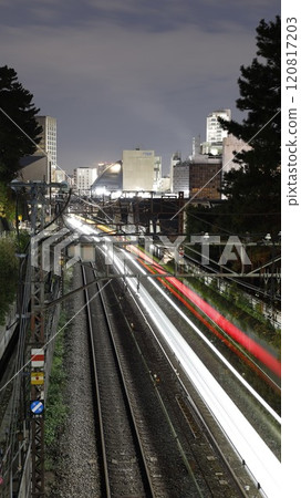 A light trail from a Tokyu Denentoshi Line train photographed from the Seta Overpass (Setagaya Ward, Tokyo), with buildings around Futako Tamagawa Station visible beyond the tracks 120817203