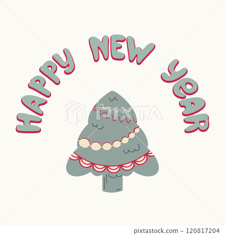 Happy New Year, Christmas festive card. Hand drawn ink blob brush stroke line, doodle cartoon graphic style text lettering. Nordic monochrome colour palette. White background. Vector 120817204