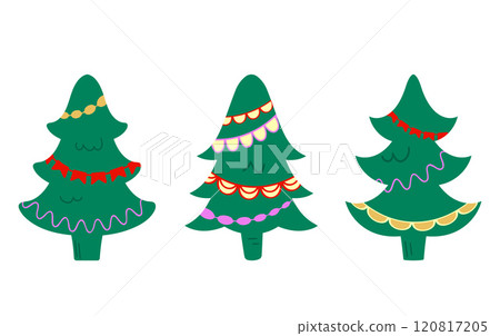 Christmas Eve Tree Silhouette Icon Set. Cartoon decorative garland, flat style design. White background. Blue green red lilac colours. Cute vector Christmas Eve Tree Silhouette Icon Set. Cartoon decorative garland, flat style design. White background. Blue green red lilac colours. Cute vector 120817205