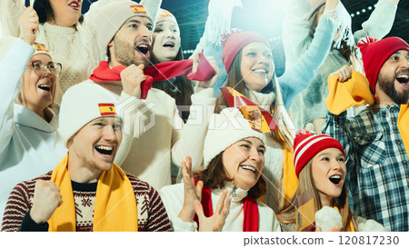 Group of sports fans celebrating their Spanish team with flags and scarves in packed stadium, enjoying festive atmosphere of winter sports game. 120817230