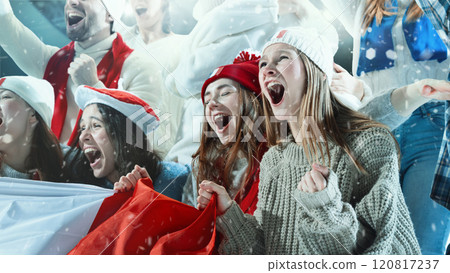 Group of young emotional sports fans, women and men, cheering passionately in stands during winter sports game. 120817237