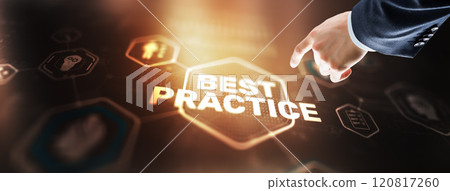 Best Practice concept with hand pressing icons. Businessman touching finger inscription Best Practice concept with hand pressing icons. Businessman touching finger inscription 120817260