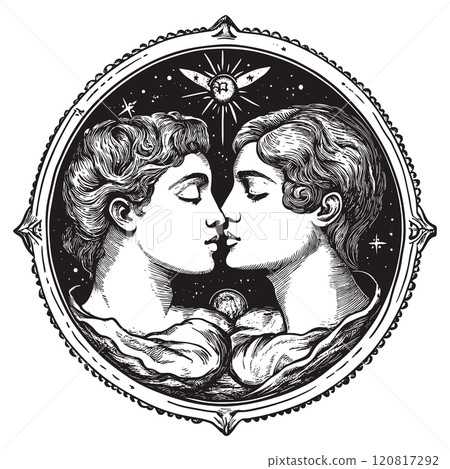 Zodiac Sign Gemini Detailed Vintage Engraving Illustration White Background with Intricate Texture Classic Astrology Art Antique Style Twins Symbol Graphic Vintage Celestial Design 120817292