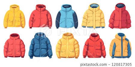 Winter Jacket Cartoon Set on White Background with Bright Colors Fun Design Clothing Art Playful Graphics Design Outerwear Collection Stylish Jackets Icons Seasonal Fashion Design 120817305