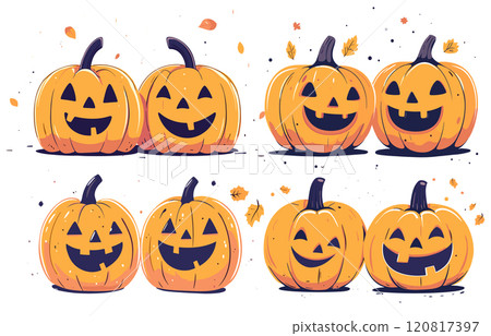Cute Halloween Pumpkins Cartoon Set White Background Bright Colors Fun Design Festive Art Playful Graphics Design Jack-o-Lantern Collection Spooky Icons Seasonal Decorations 120817397