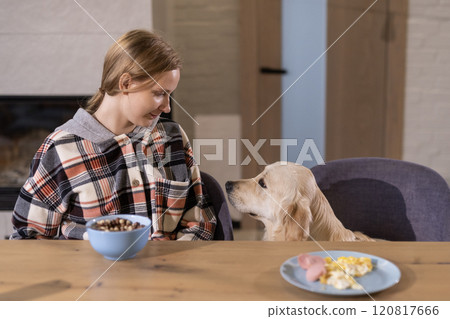 Young woman and Golden Retriever sharing a moment of connection at the table, with food and a cozy atmosphere in the background. 120817666