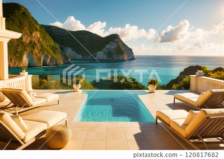 Terrace in villa with sunbeds and swimming pool . AI Generated Terrace in villa with sunbeds and swimming pool . AI Generated 120817682