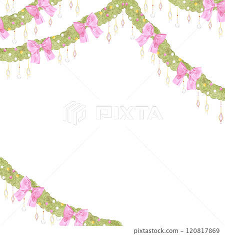 Christmas garlands frame border. Hand drawn watercolor illustration of spruce with bows isolated on white background. Can be used for postcard, label, scrapbook and other printed products. 120817869