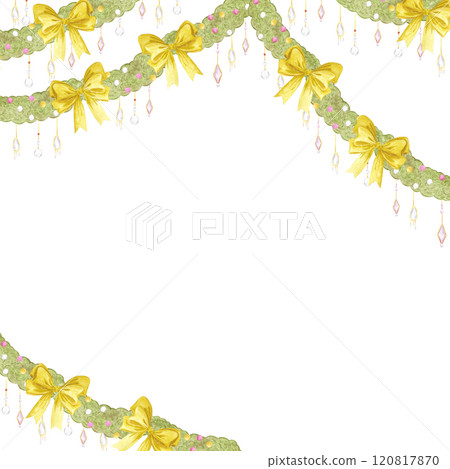 Christmas garlands frame border. Hand drawn watercolor illustration of spruce with bows isolated on white background. Can be used for postcard, label, scrapbook and other printed products. 120817870