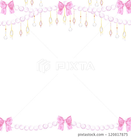 Christmas garlands frame border. Hand drawn watercolor illustration of string of beads with bows isolated on white background. Can be used for postcard, invitation and other printed products. Christmas garlands frame border. Hand drawn watercolor illustration of string of beads with bows isolated on white background. Can be used for postcard, invitation and other printed products. 120817875